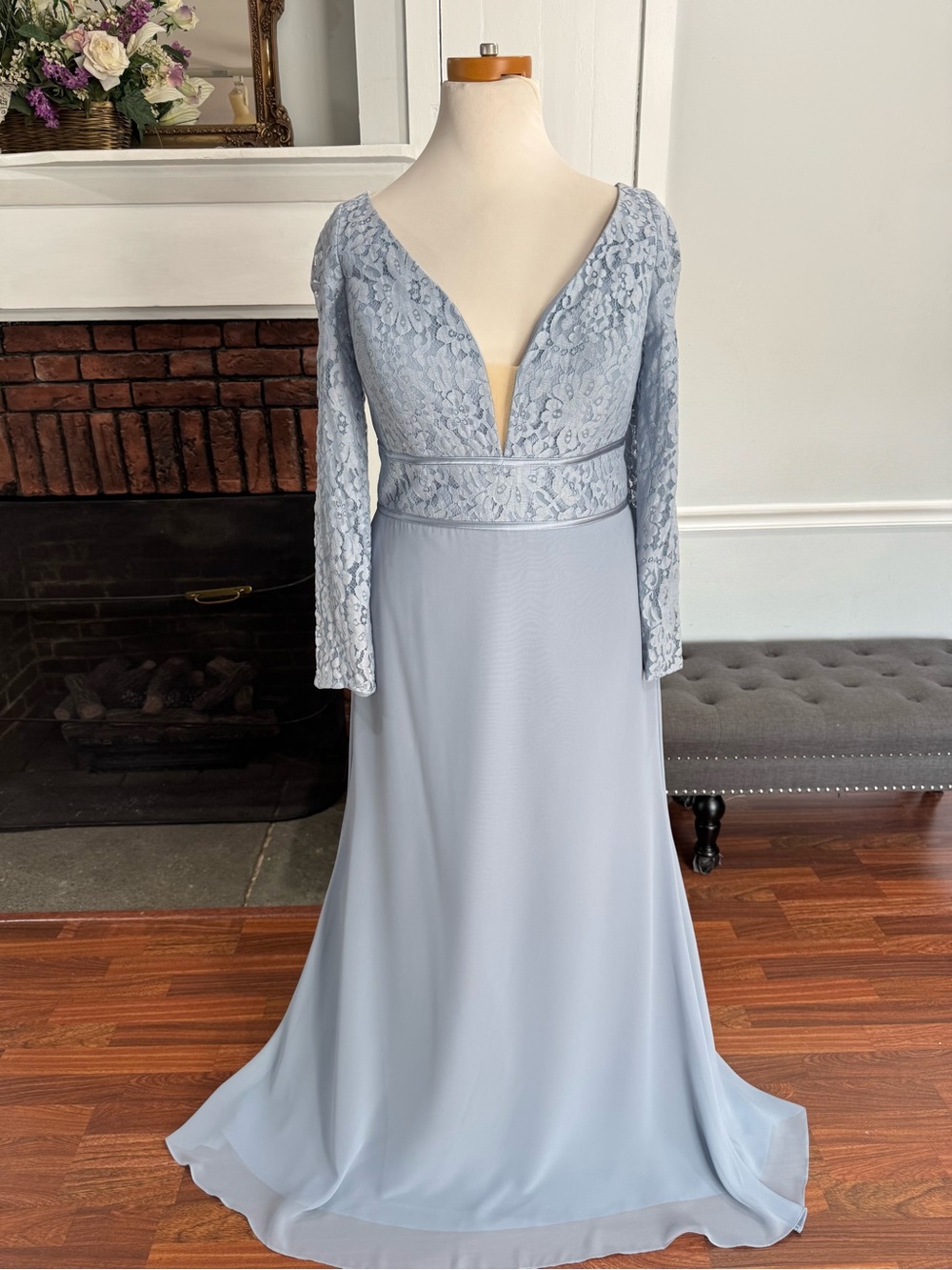 NWT Christina Wu 22064 Long Sleeve Misty Blue Chiffon Evening Dress